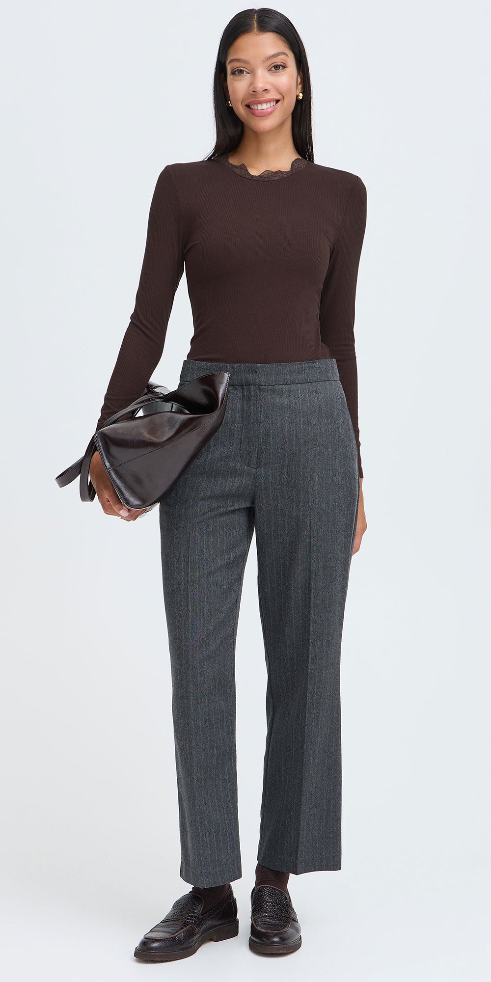 B.Young Lace Trim Ribbed Tee, chocolate brown