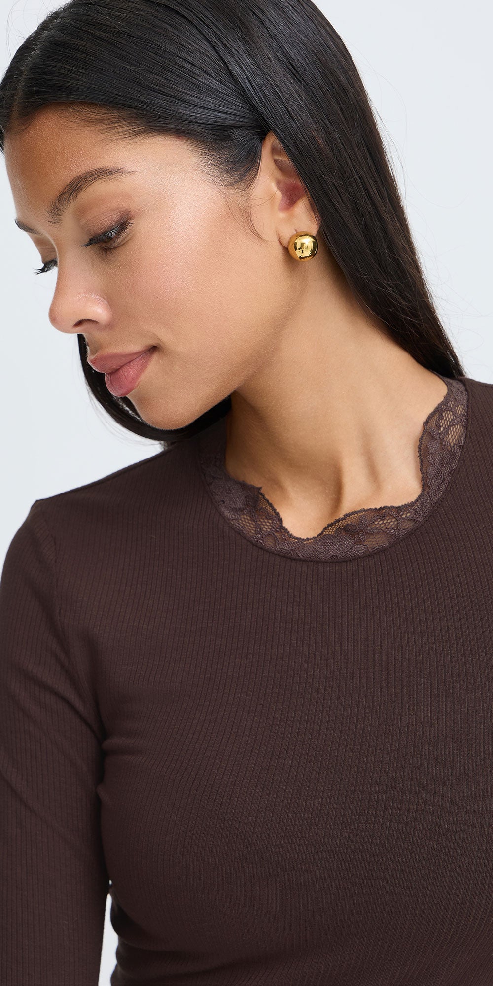 B.Young Lace Trim Ribbed Tee, chocolate brown
