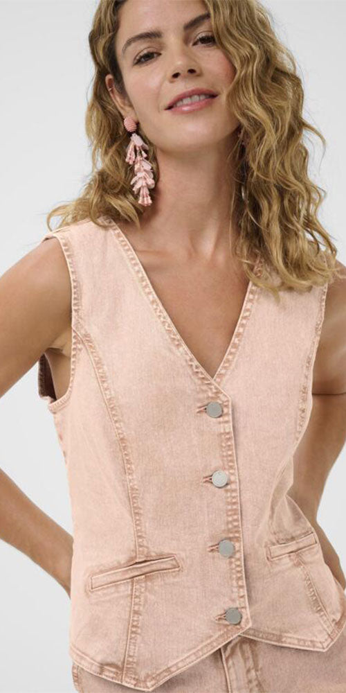 Cream Fitted Denim Vest, washed pink