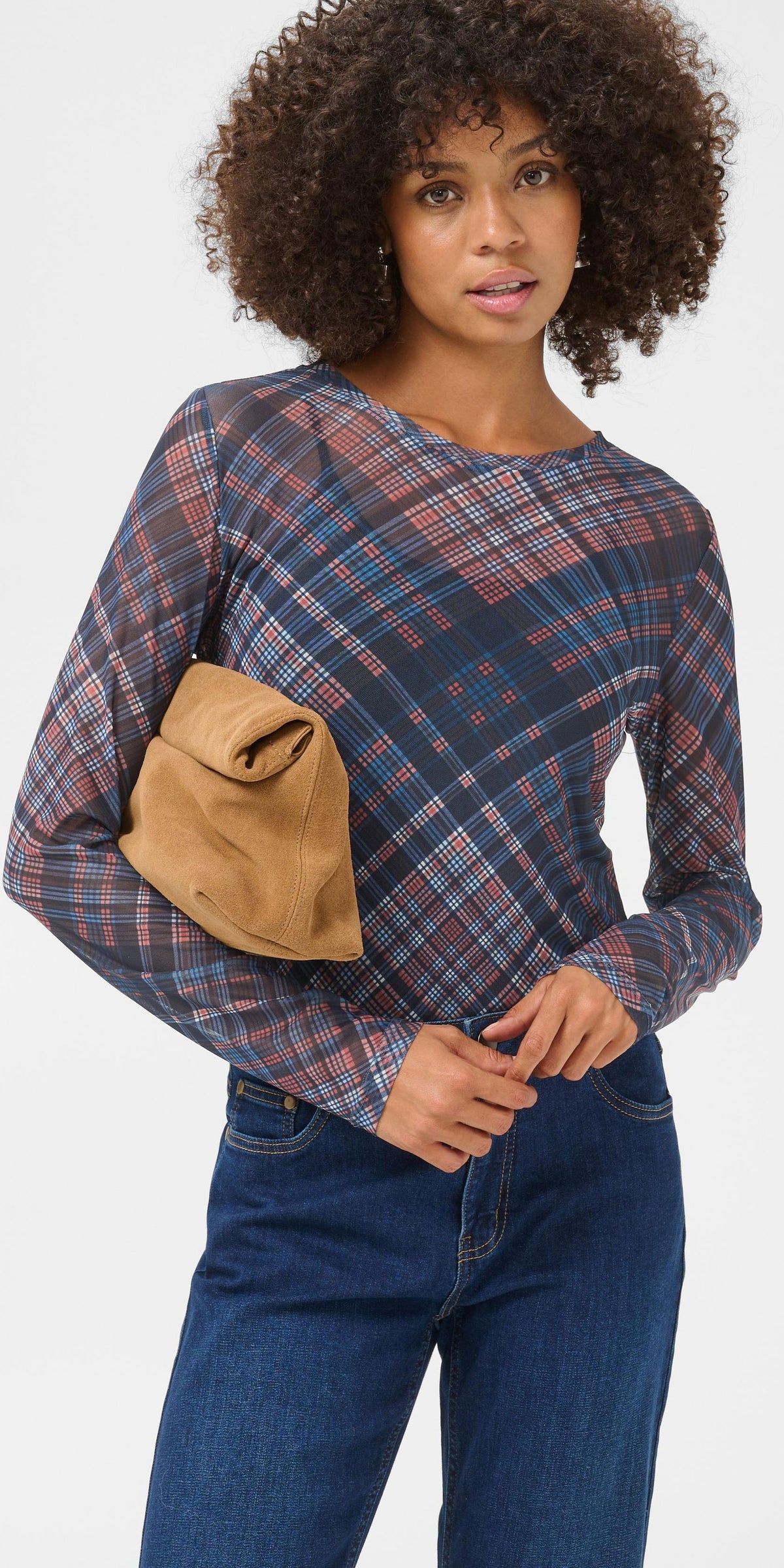 Culture Plaid Mesh Top, navy mix