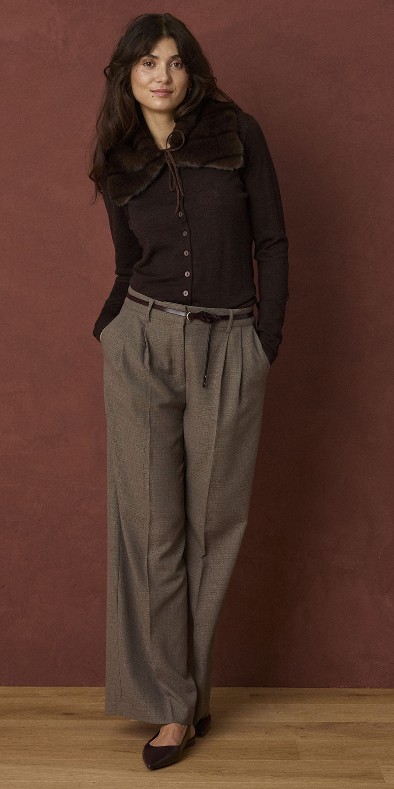 Fransa Fine Knit Wool Cardy, chocolate brown