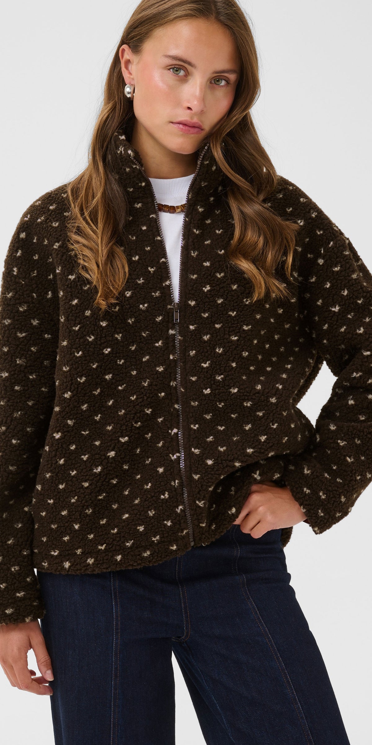 Saint Tropez Polka Dot Teddy Fleece Jacket, brown