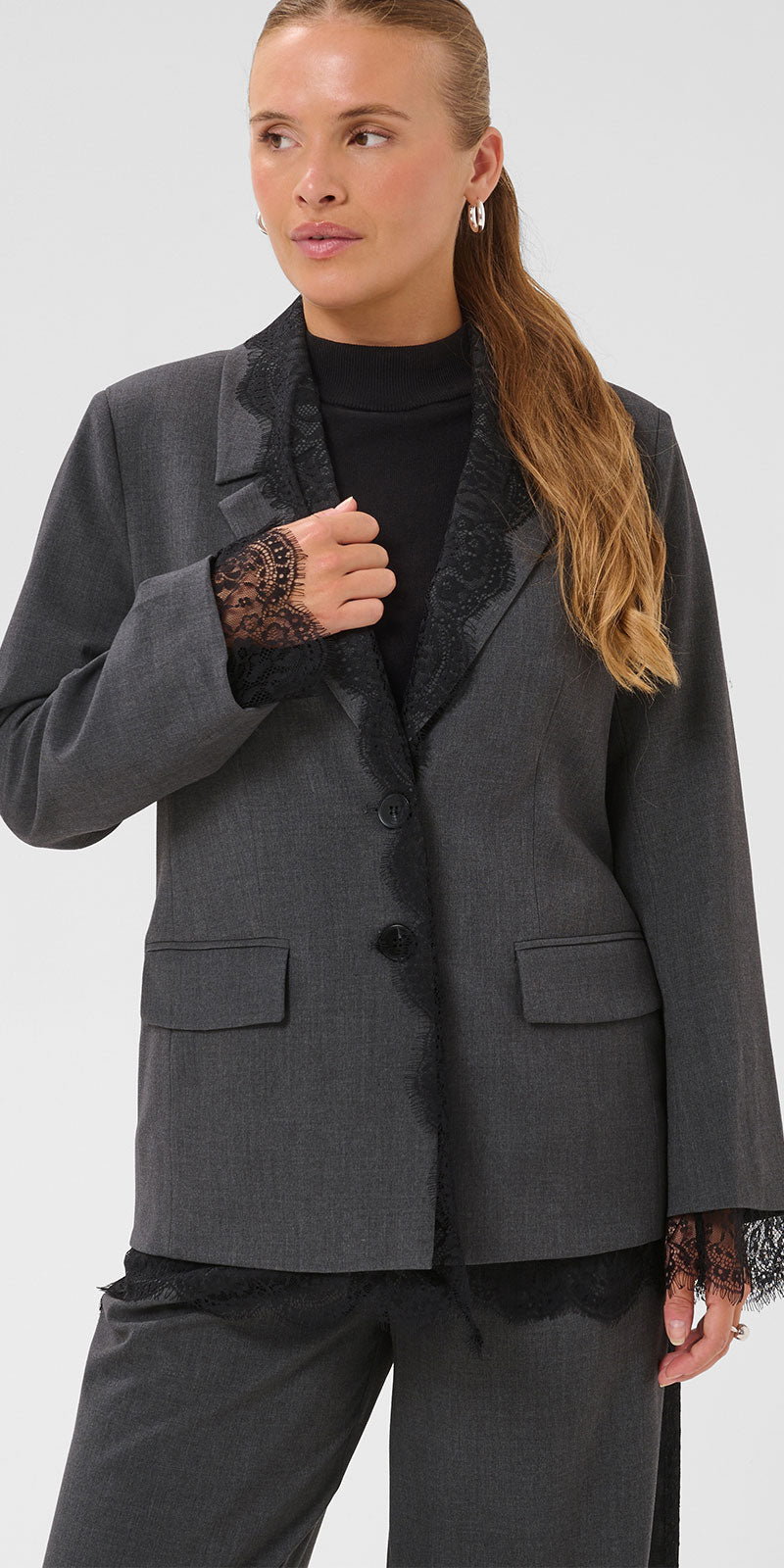 Kaffe Lace Trim Blazer, grey/black
