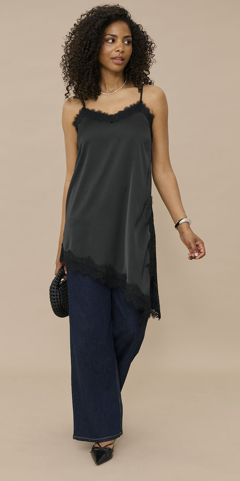Kaffe Asymmetrical Lace Trim Cami, black