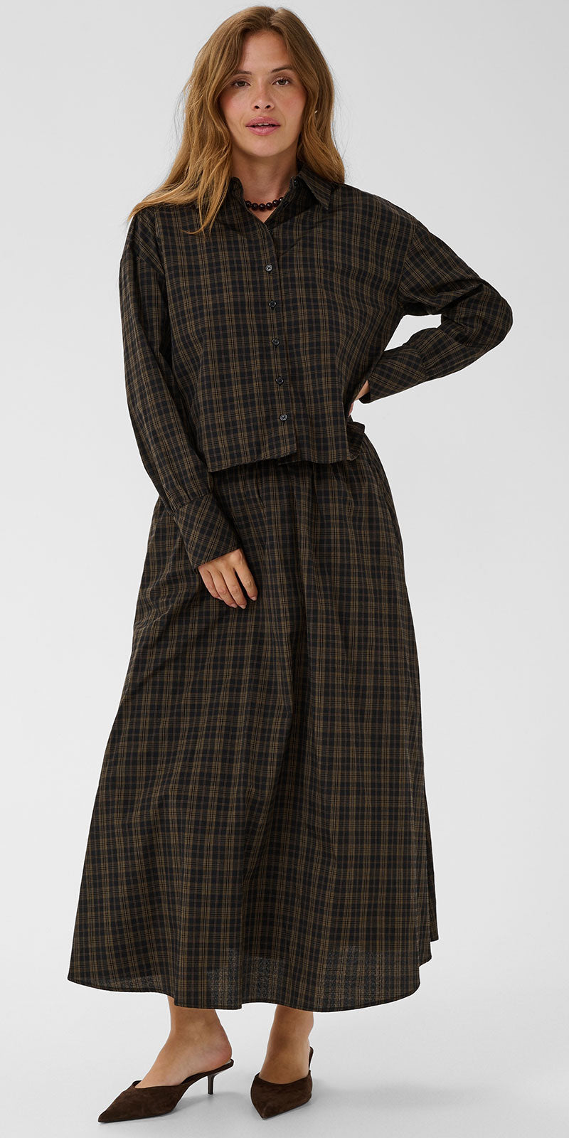 Kaffe Plaid Poplin Skirt, black/olive