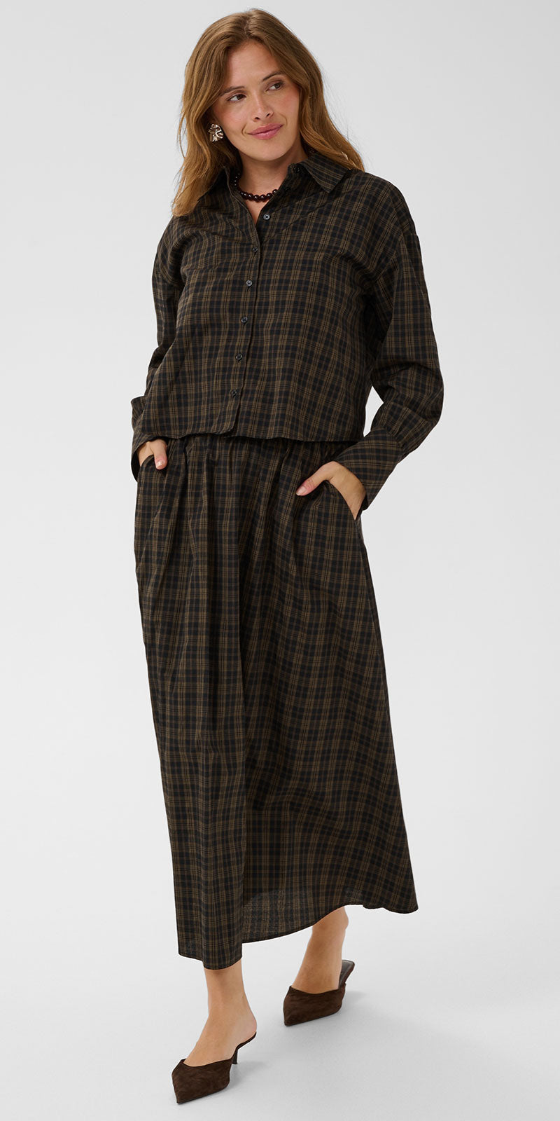 Kaffe Plaid Poplin Button Shirt, black/olive