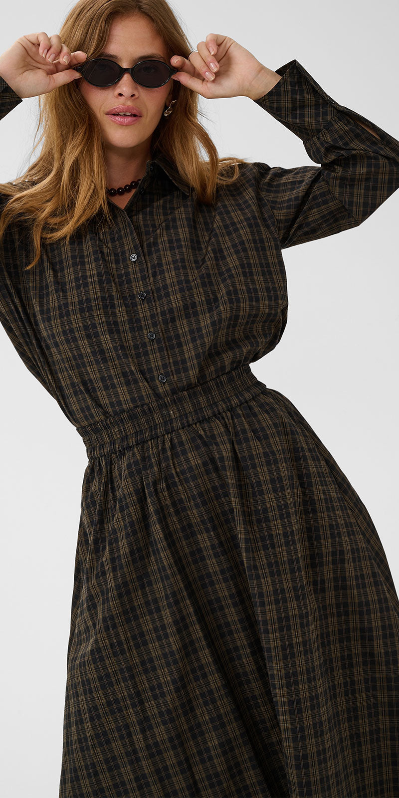 Kaffe Plaid Poplin Skirt, black/olive
