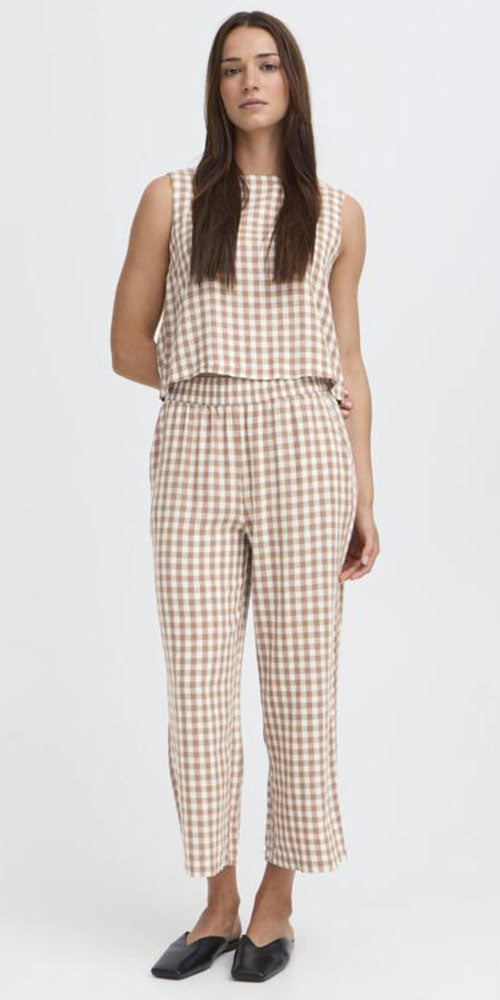 B.Young Linen Blend Shell Top, taupe gingham