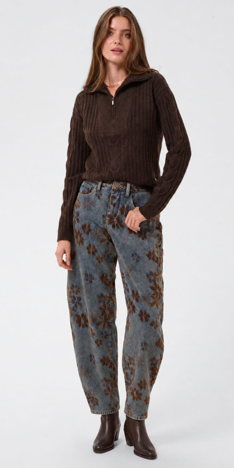 Cream Floral Flocked Barrel Jeans