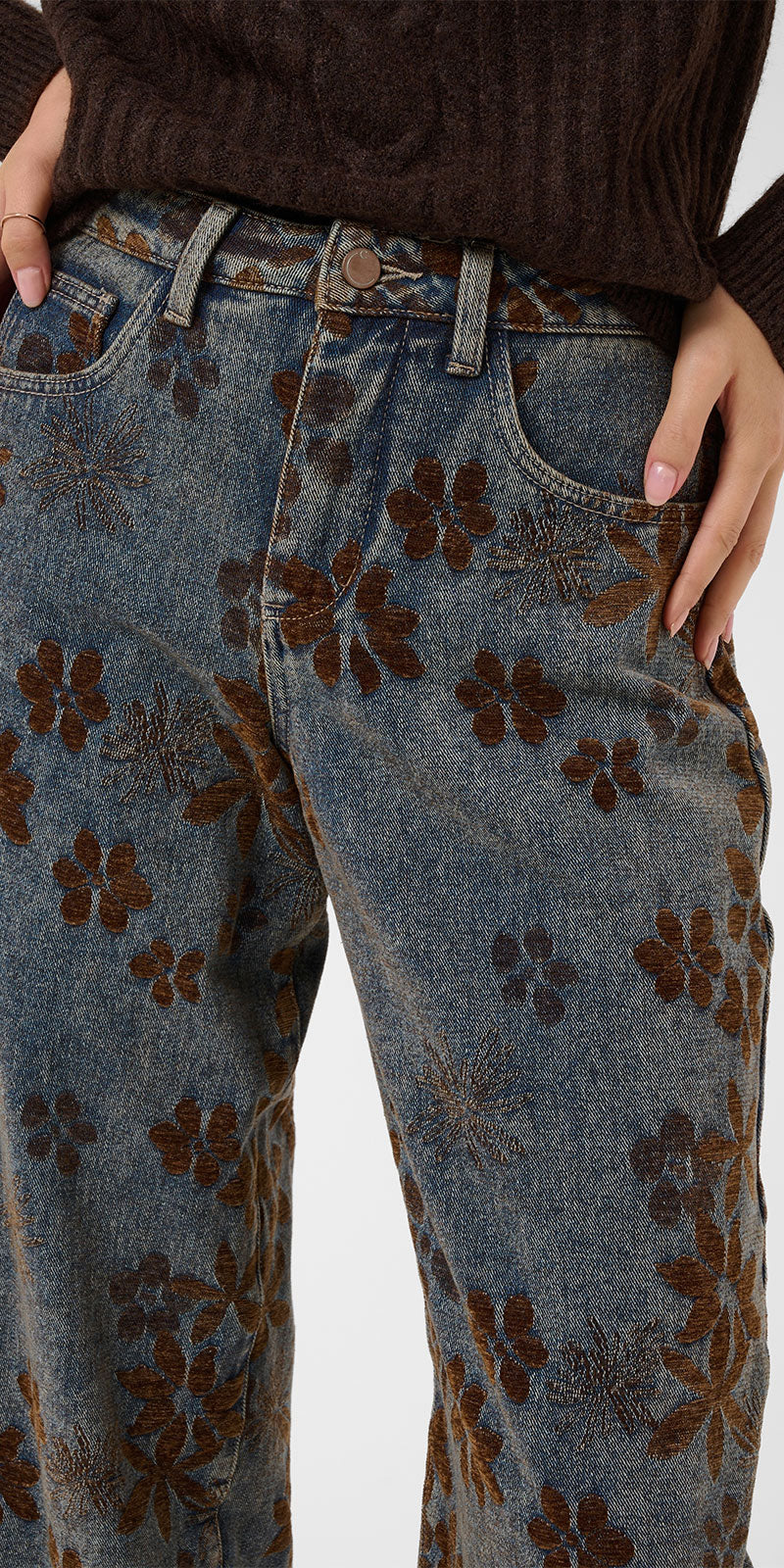 Cream Floral Flocked Barrel Jeans