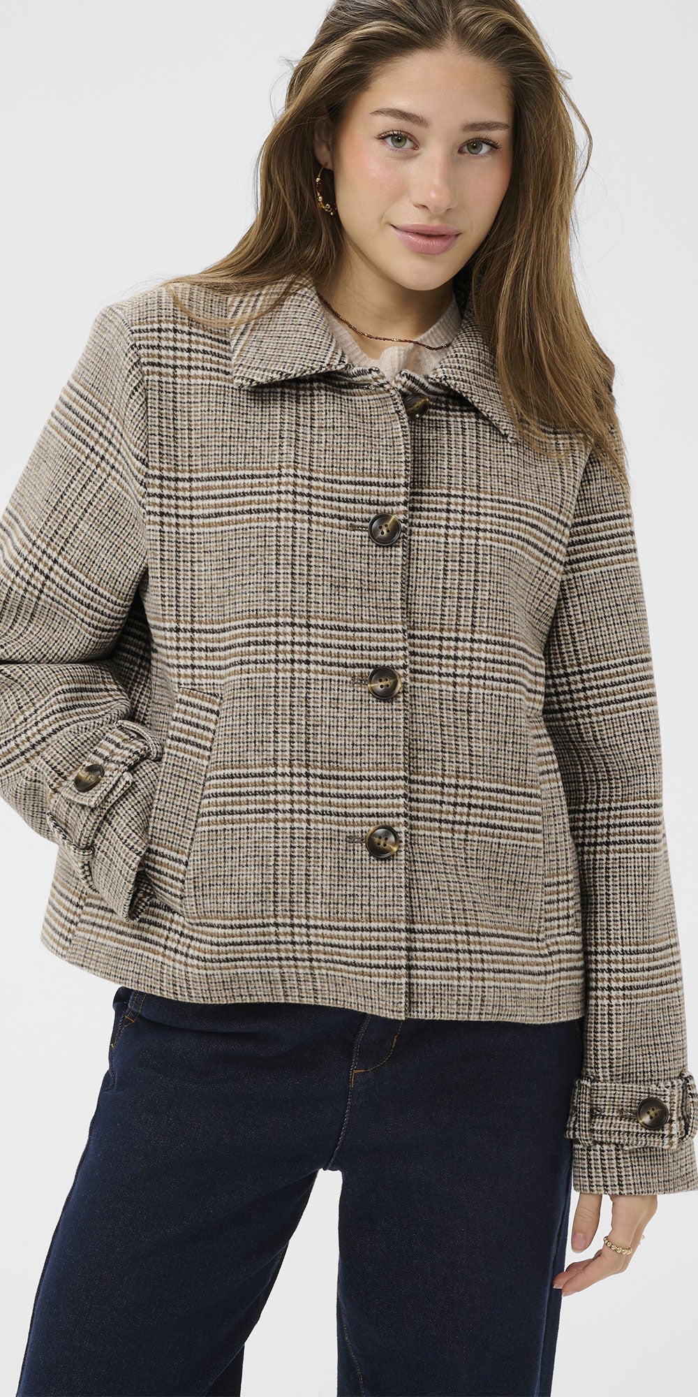 Cream Wool Blend Check Coat
