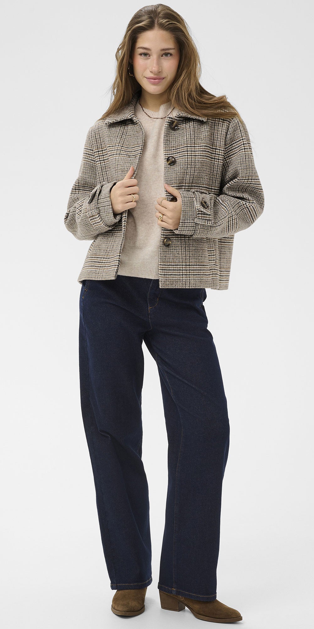 Cream Wool Blend Check Coat