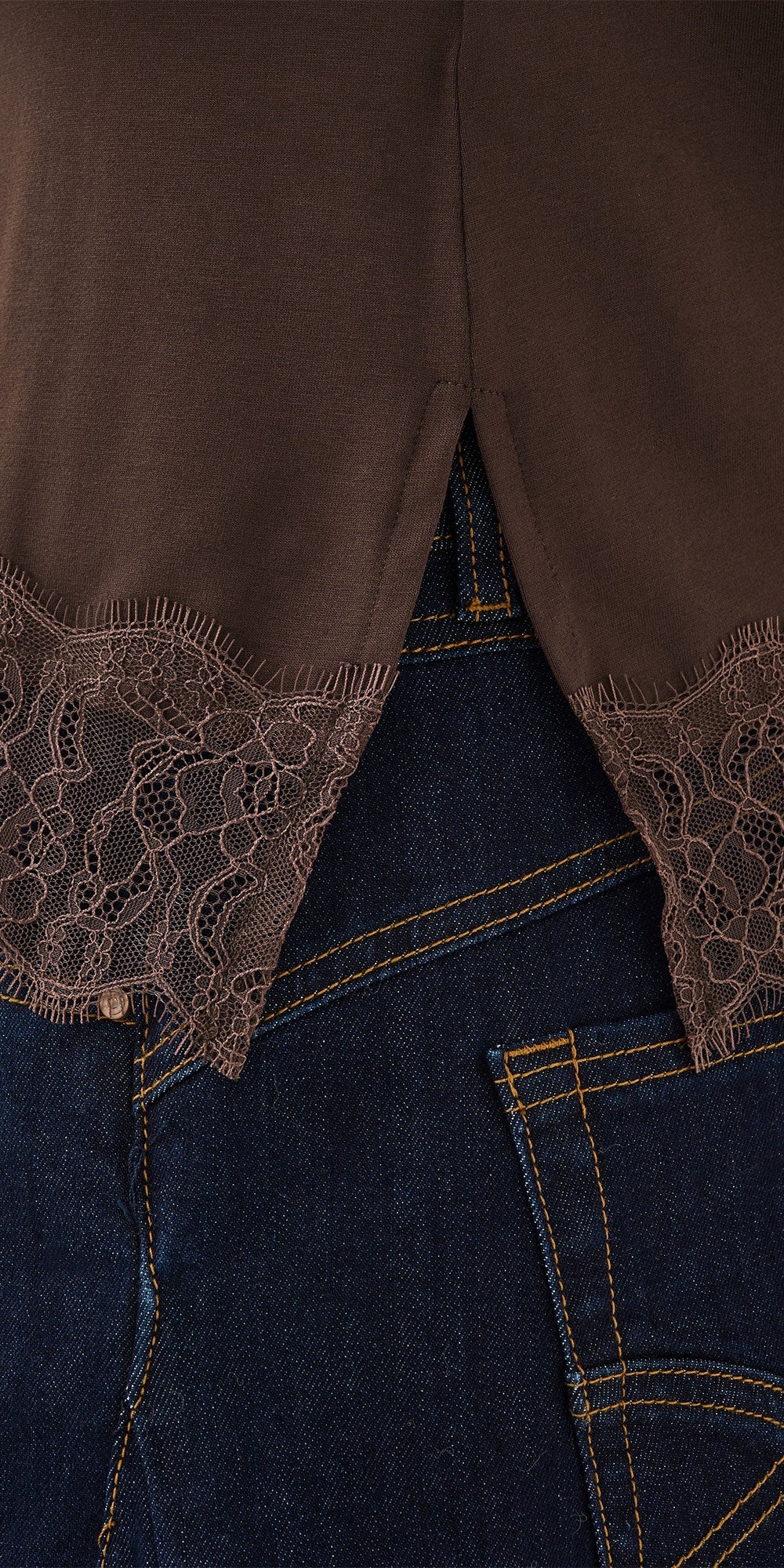 Cream Jersey Lace Trimmed Tank, brown