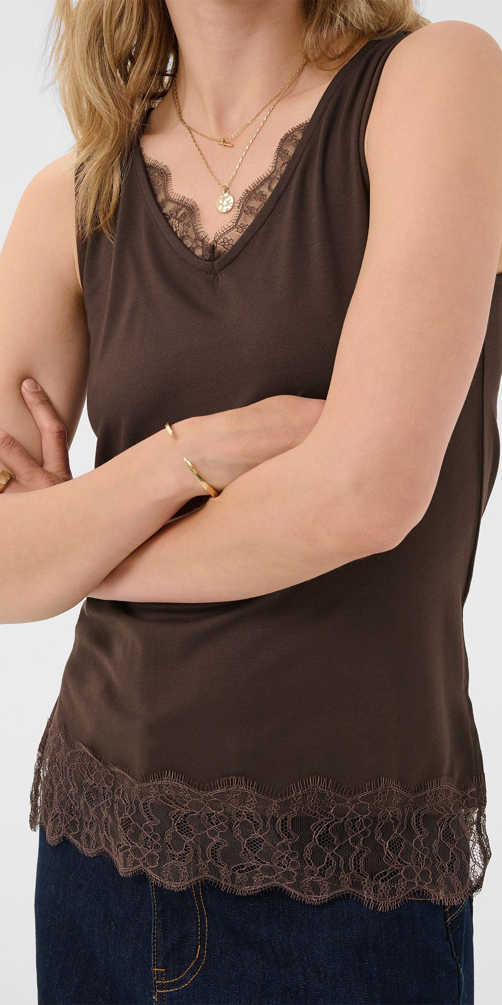 Cream Jersey Lace Trimmed Tank, brown