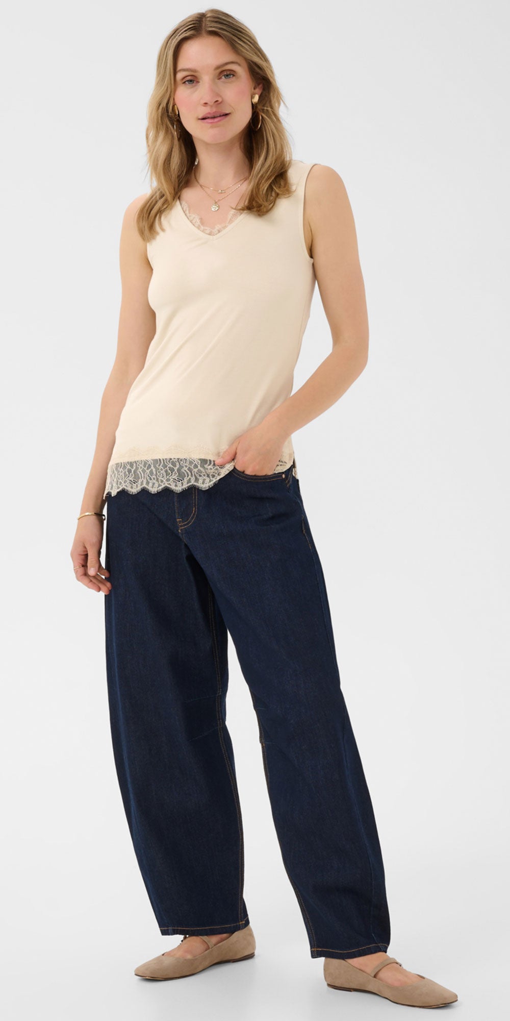 Cream Jersey Lace Trimmed Tank, cream