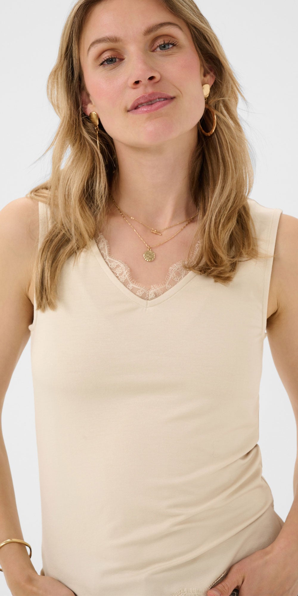 Cream Jersey Lace Trimmed Tank, cream
