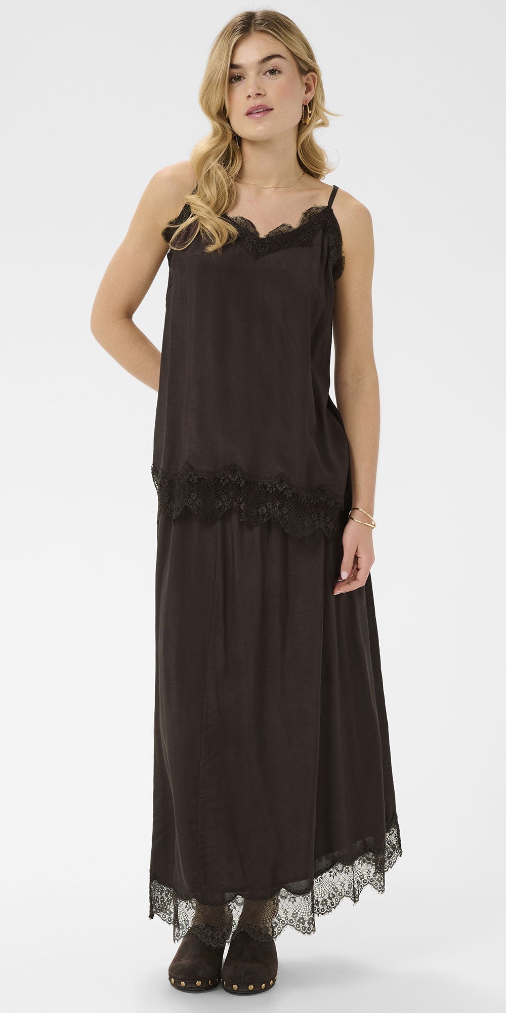 Cream Lace Trim A-line Skirt, espresso