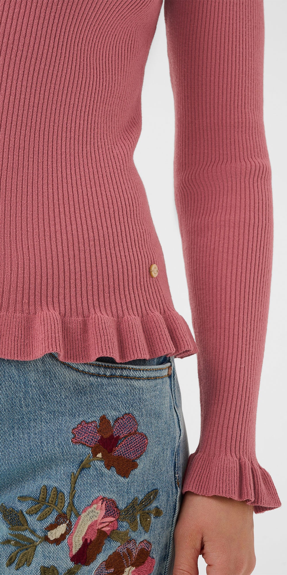 Cream Roll Neck Ruffle Sweater, mauvewood