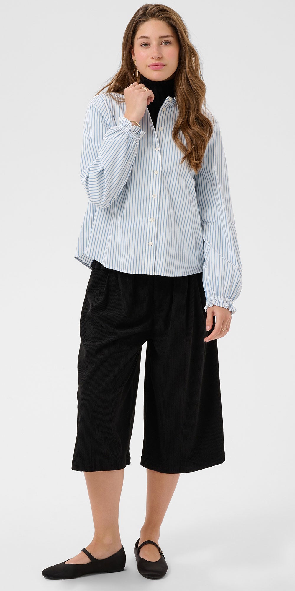 Cream Ruffle Cuff Shirt, blue stripe