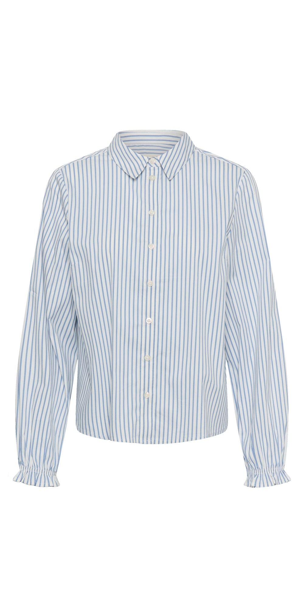 Cream Ruffle Cuff Shirt, blue stripe