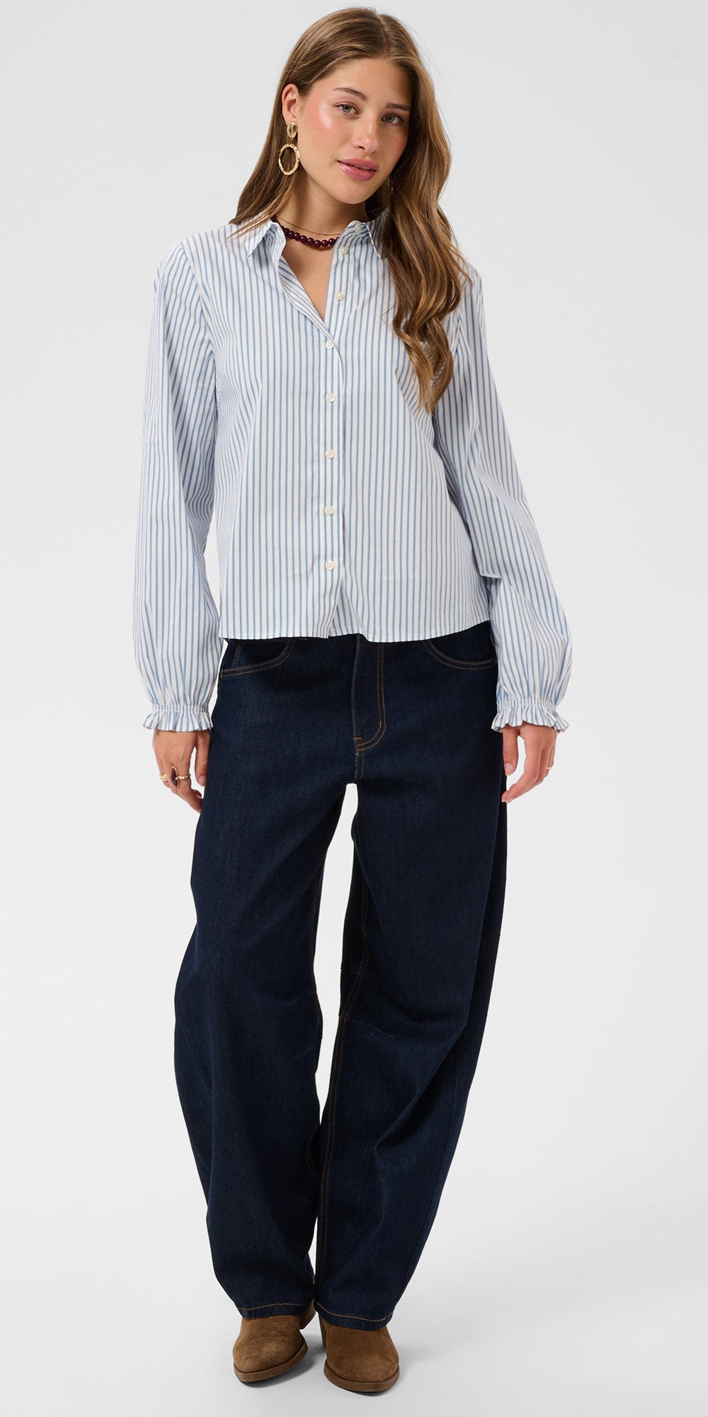 Cream Ruffle Cuff Shirt, blue stripe