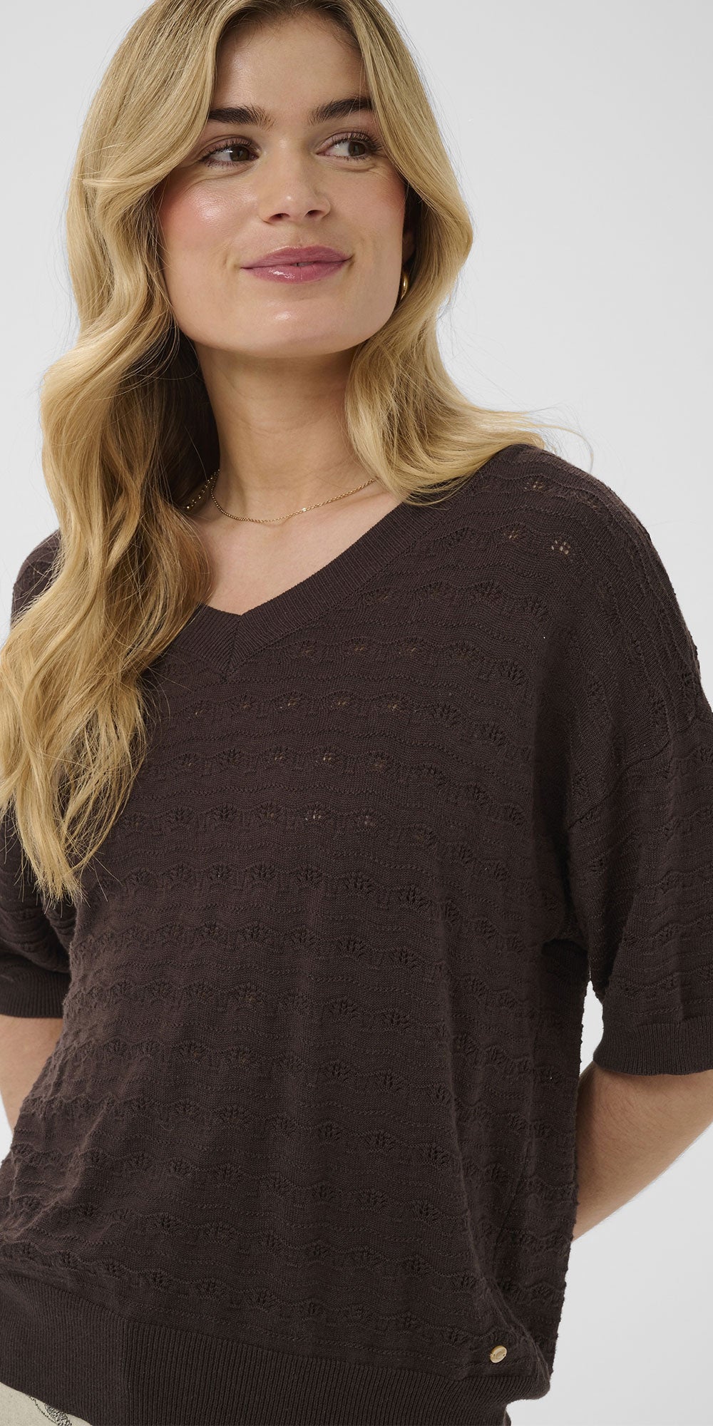Cream Lightweight Short Sleeve Sweater, espresso