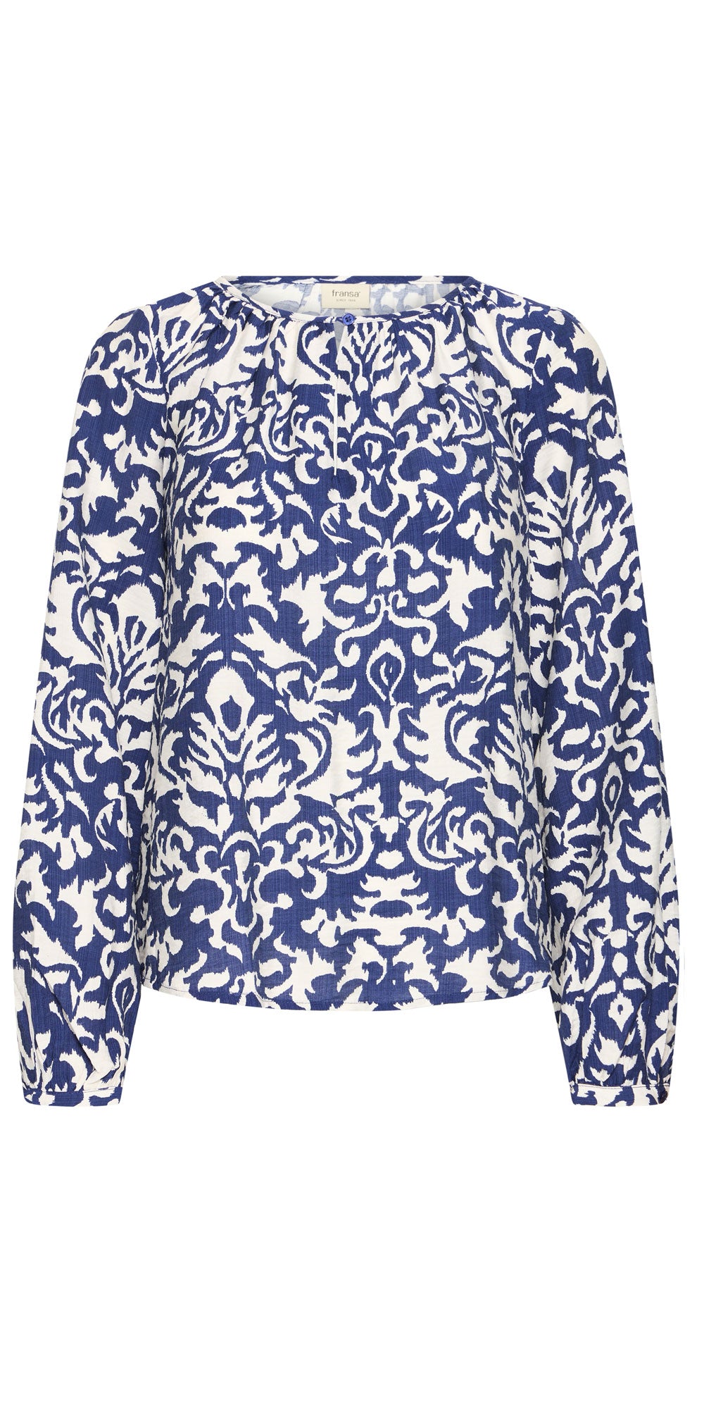 Fransa Round Neck Blouse, blue paisley