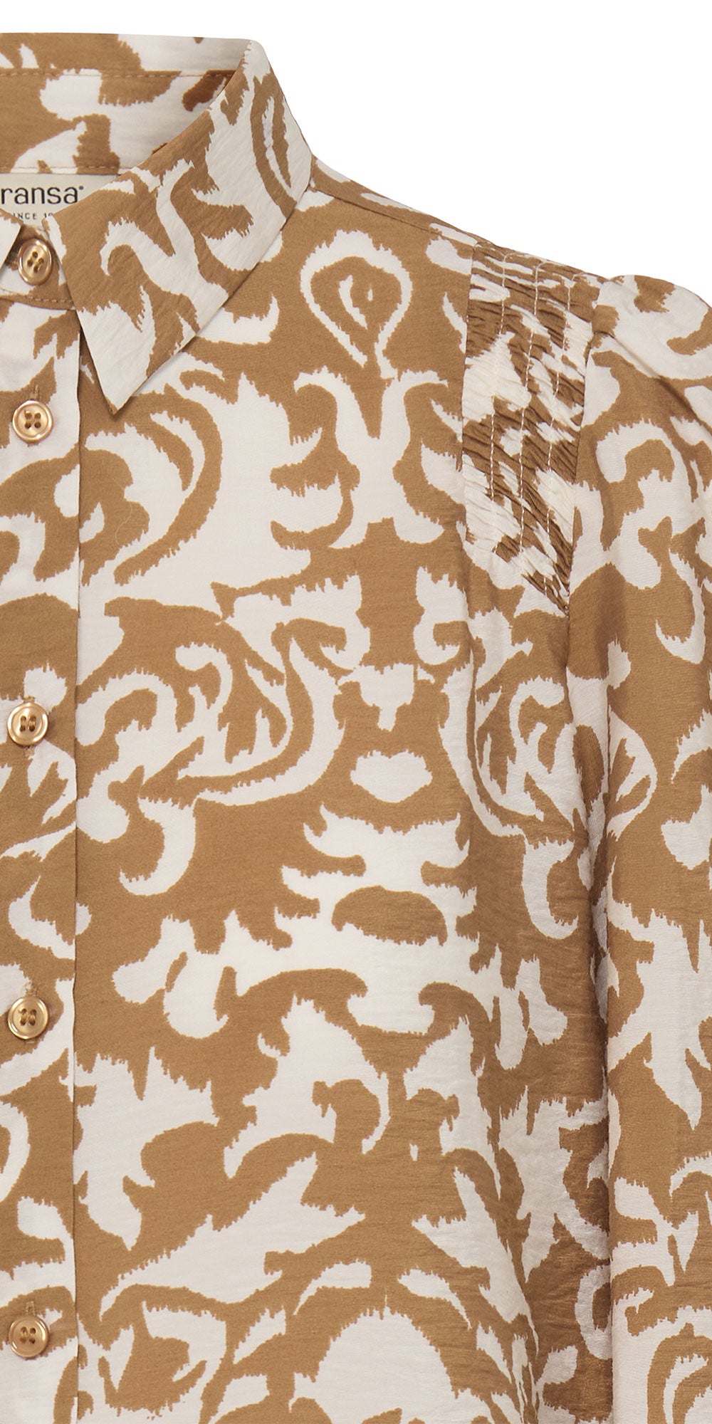 Fransa Ruched Paisley Button Blouse, camel