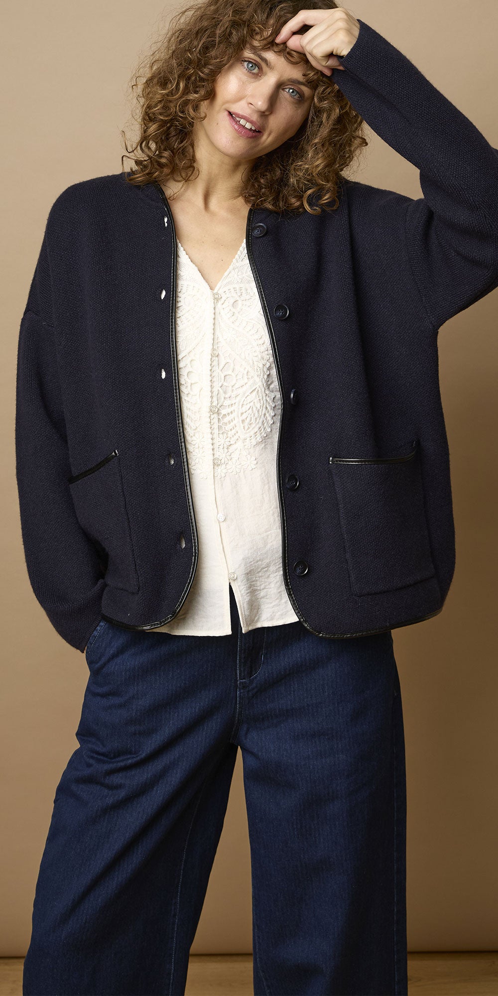 Fransa Knit Cardy Jacket, navy