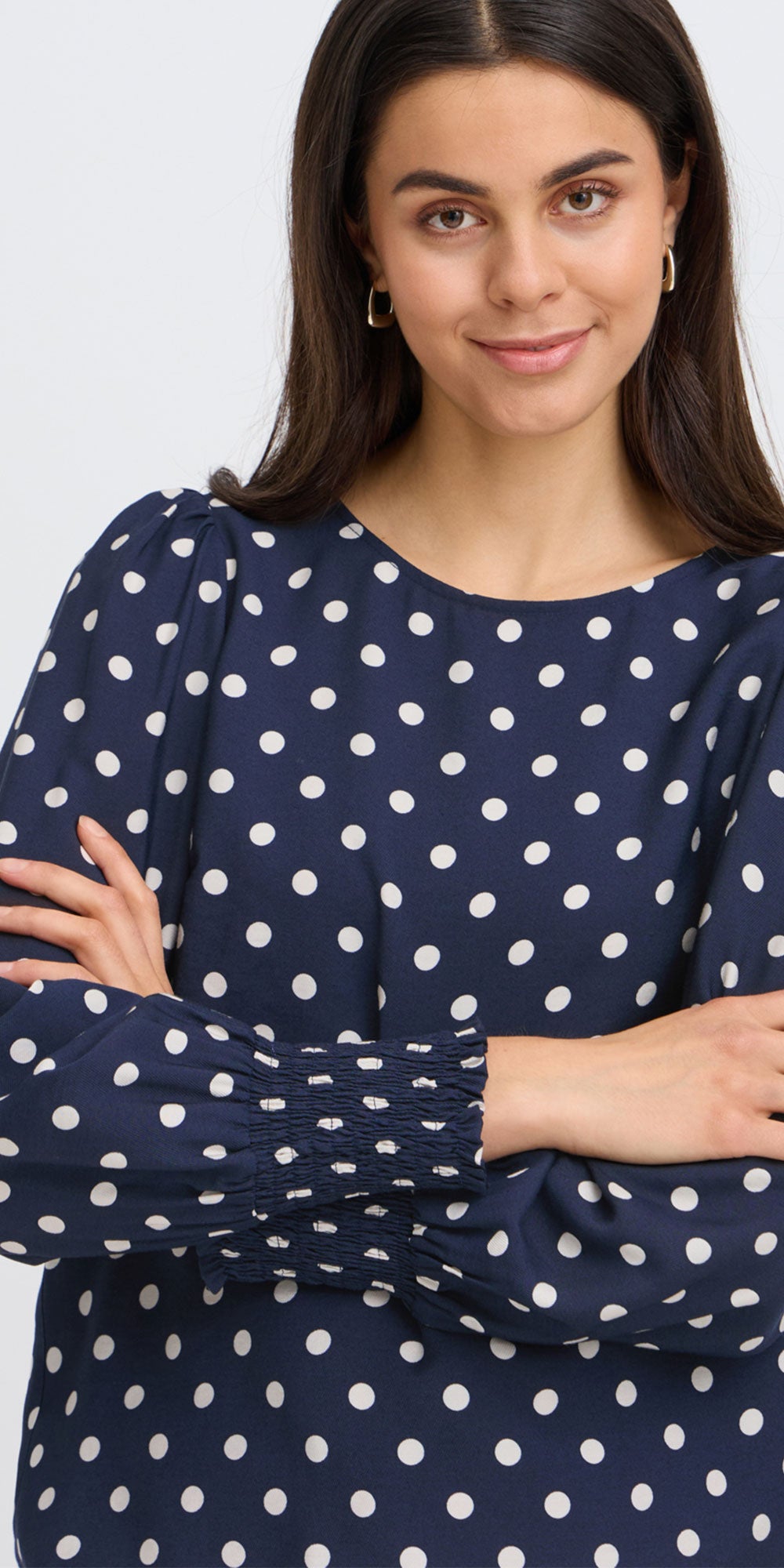 Fransa Polka Dot Crew Neck Blouse, navy/white