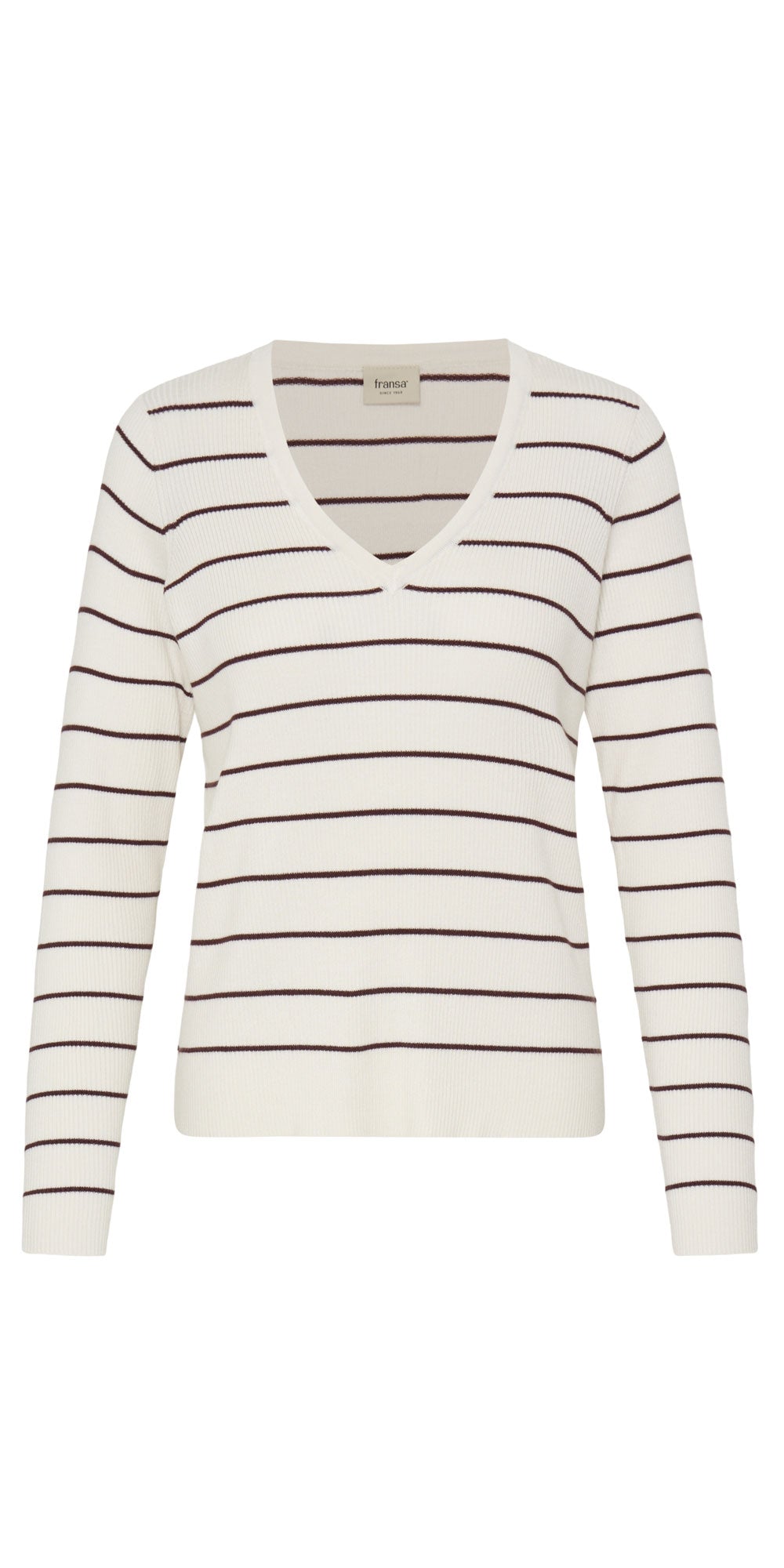 Fransa Ribbed V-neck Pullover, brown stripe