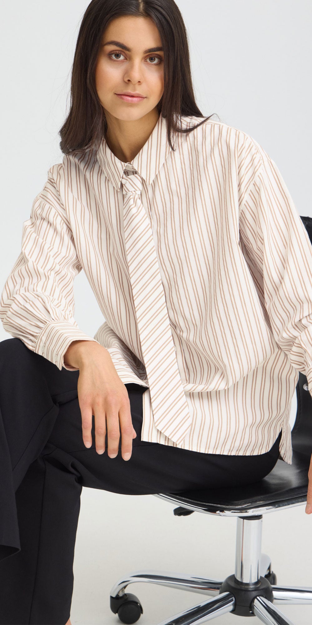 Fransa Tie Front Shirt, camel stripe