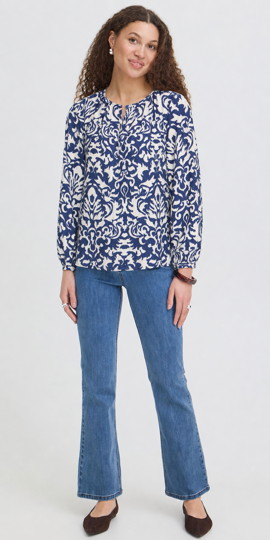 Fransa Round Neck Blouse, blue paisley