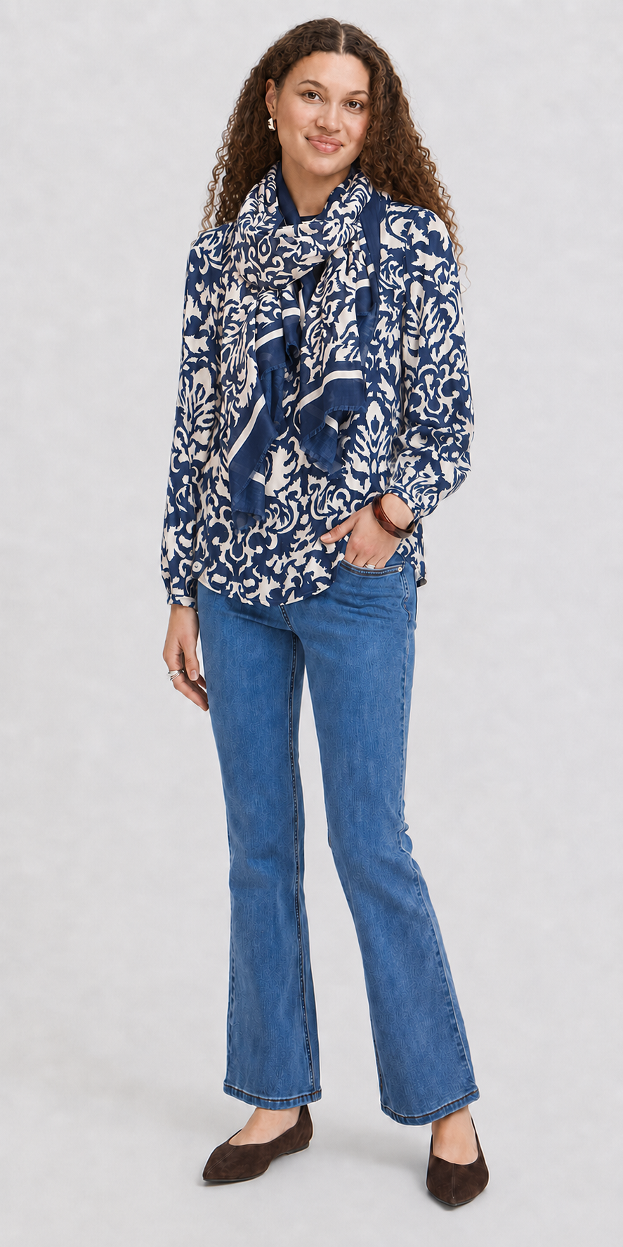 Fransa Round Neck Blouse, blue paisley