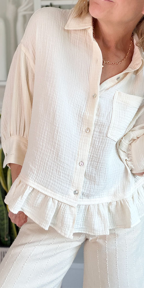 Gauzy Cotton Ruffle Hem Shirt, cream