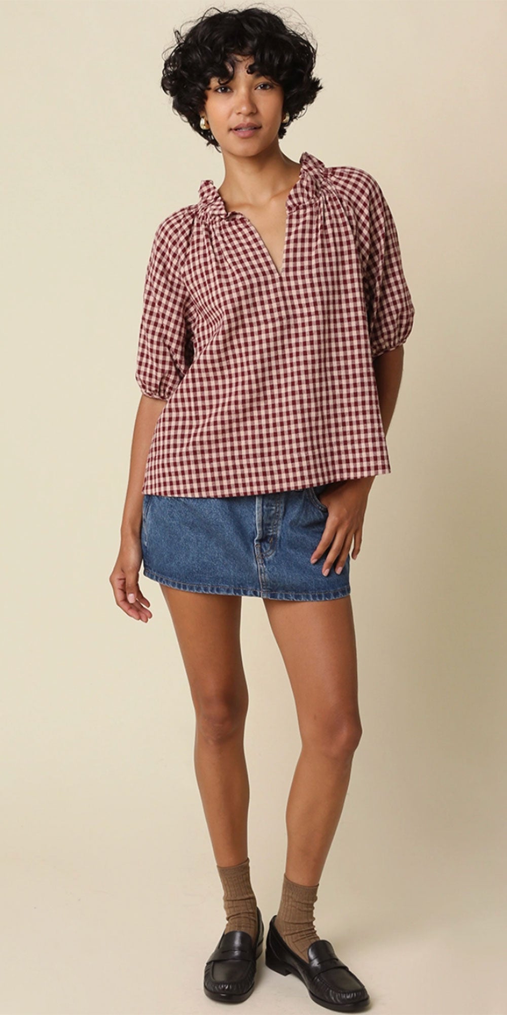 Gingham Ruffle Trim Top, burgundy