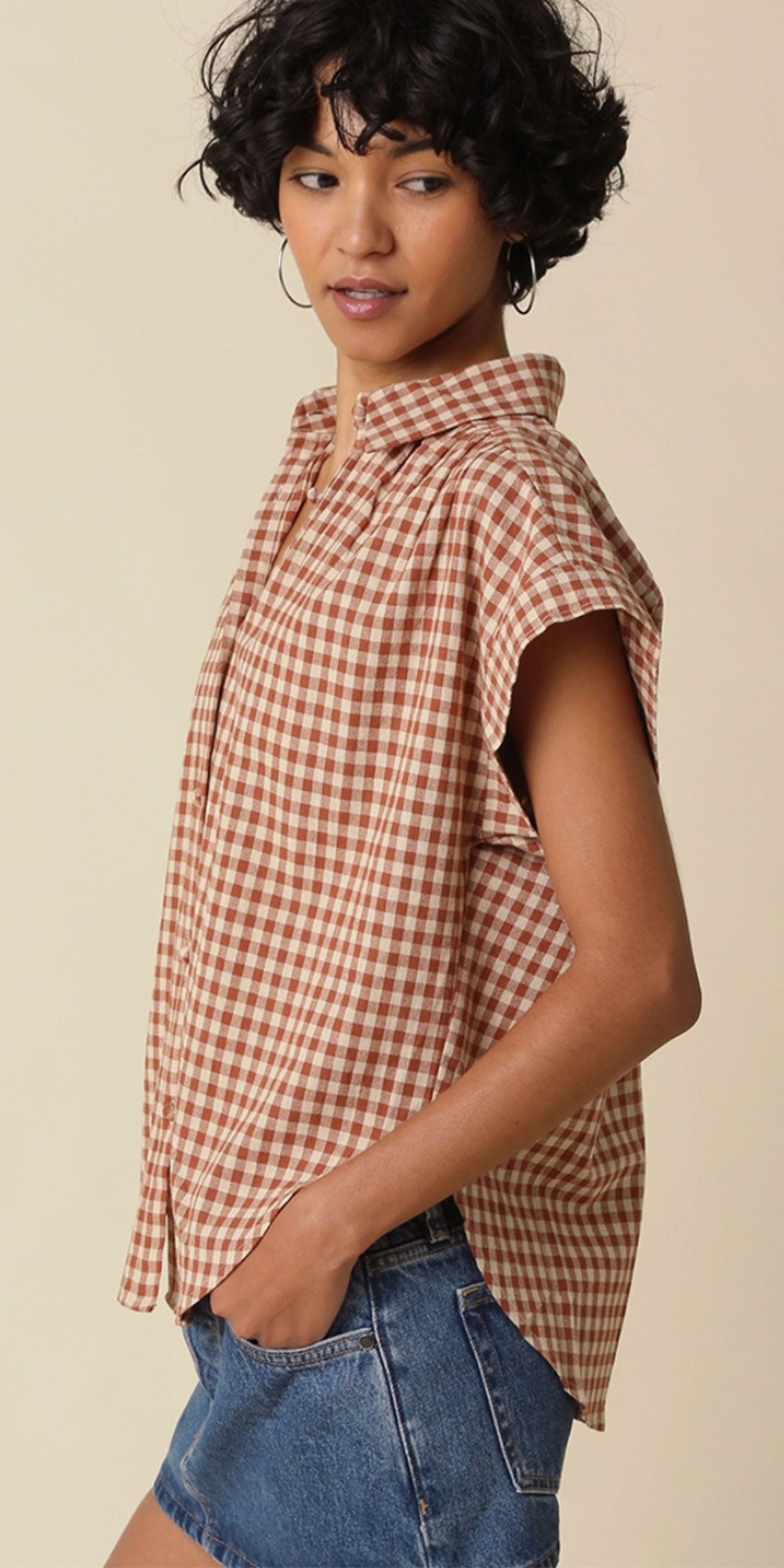 Gingham Cap Sleeve Shirt, camel