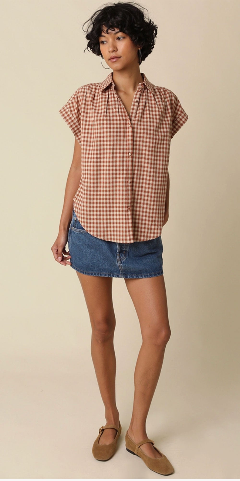 Gingham Cap Sleeve Shirt, camel