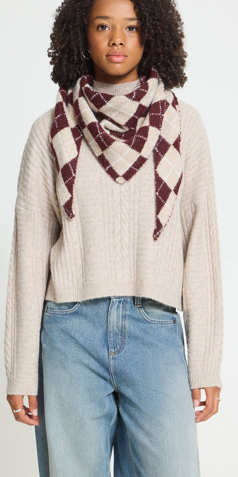 Ichi Argyle Triangle Scarf, burgundy/oatmeal