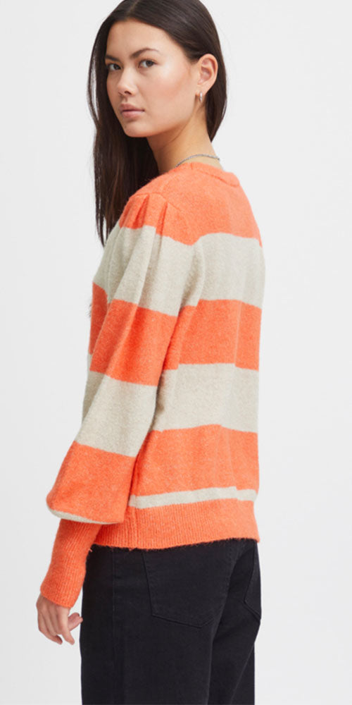 Ichi Bold Stripes Sweater, coral