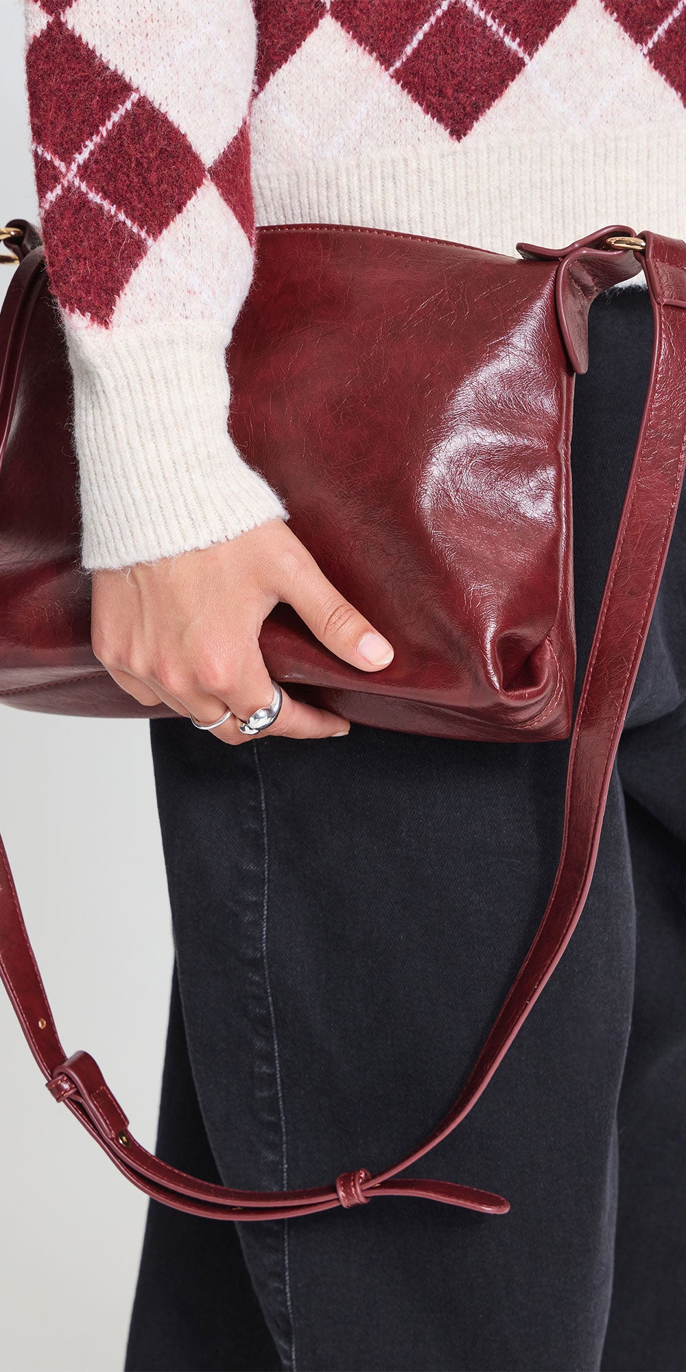 Ichi Faux Leather Shoulder Bag, deep red