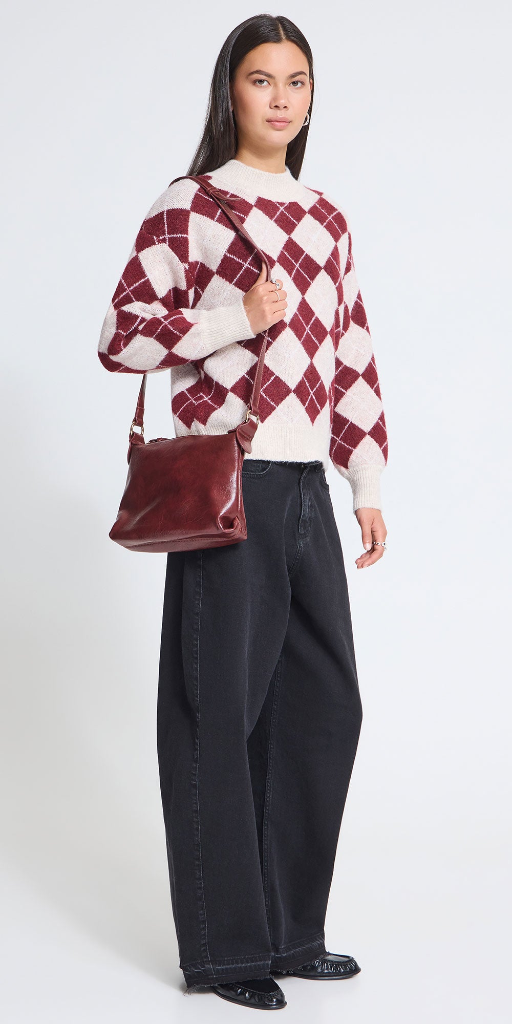 Ichi Faux Leather Shoulder Bag, deep red
