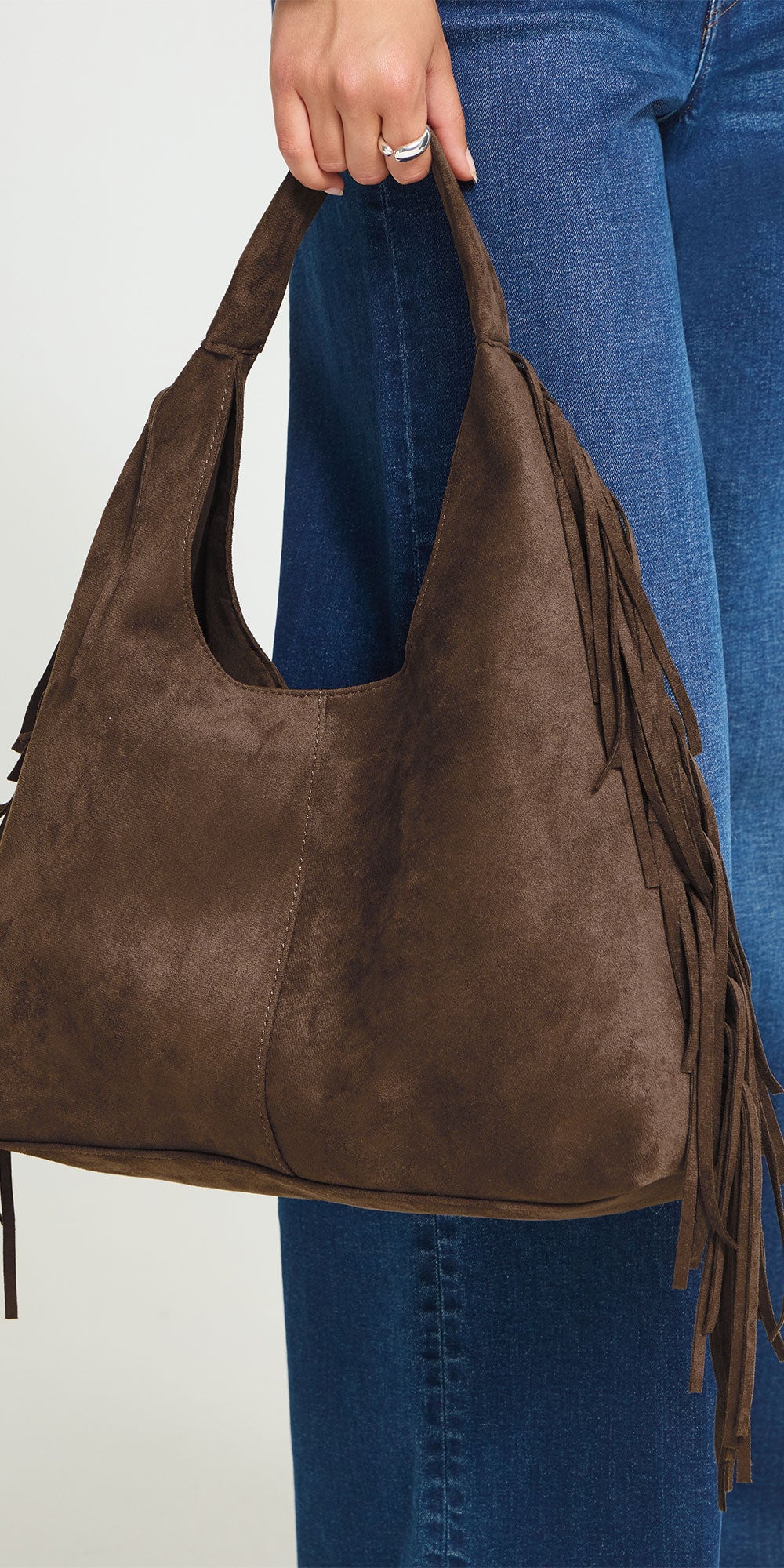 Ichi Fringe Boho Bag, brown faux suede