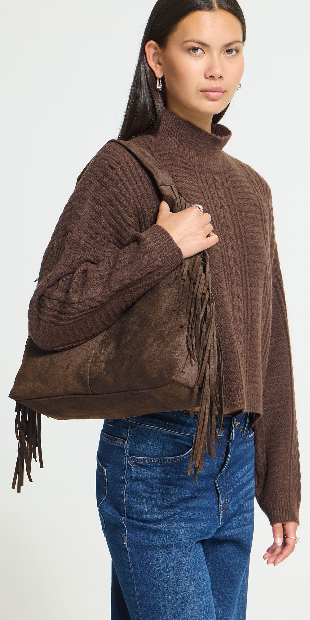 Ichi Fringe Boho Bag, brown faux suede