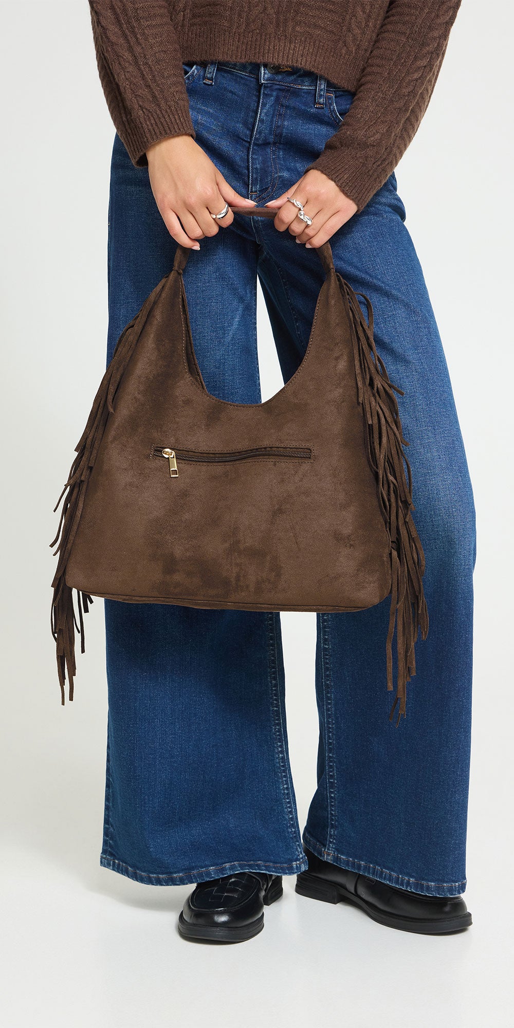 Ichi Fringe Boho Bag, brown faux suede