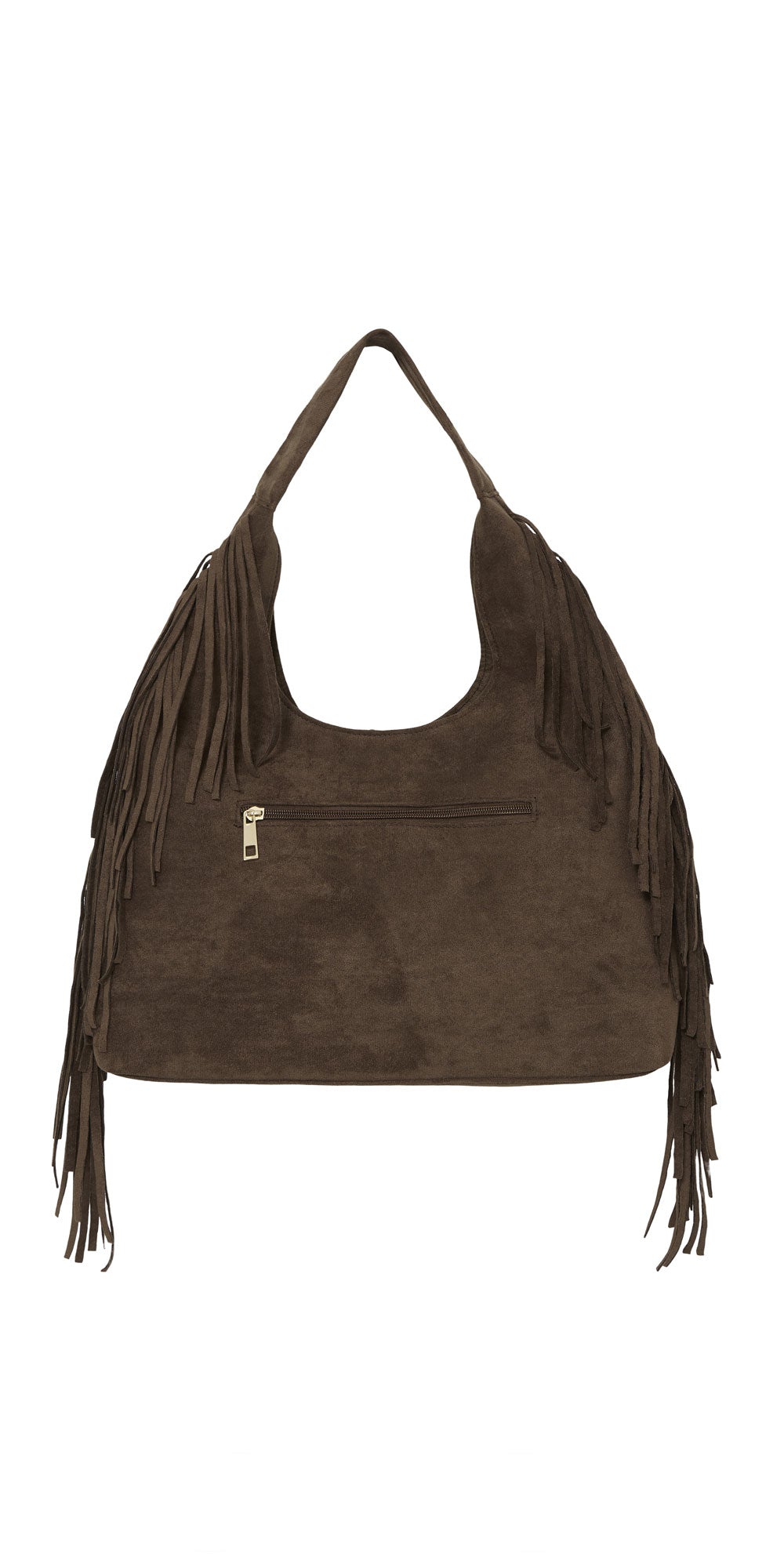 Ichi Fringe Boho Bag, brown faux suede