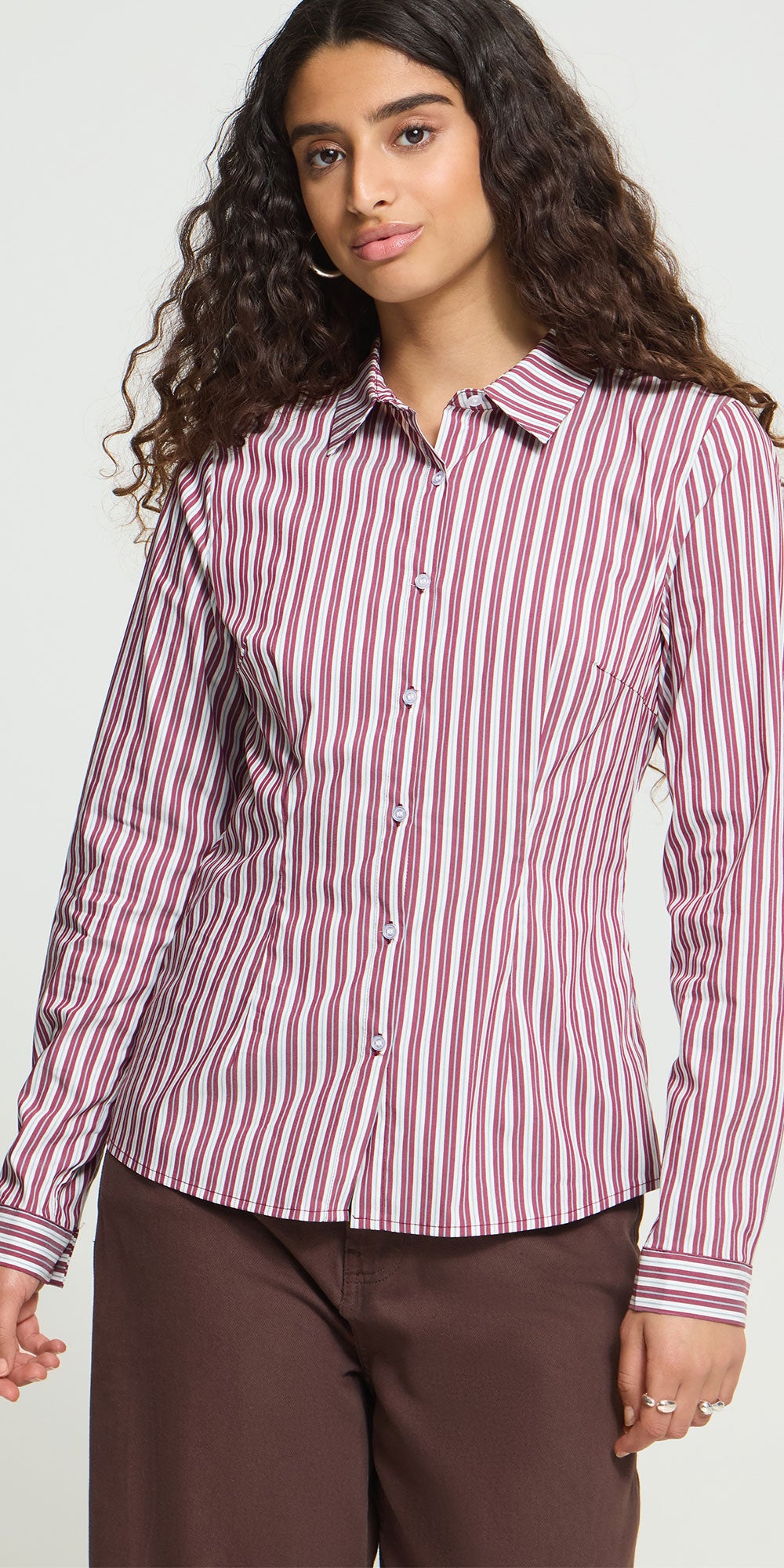 Ichi Semi-fitted Button Shirt, magenta stripe