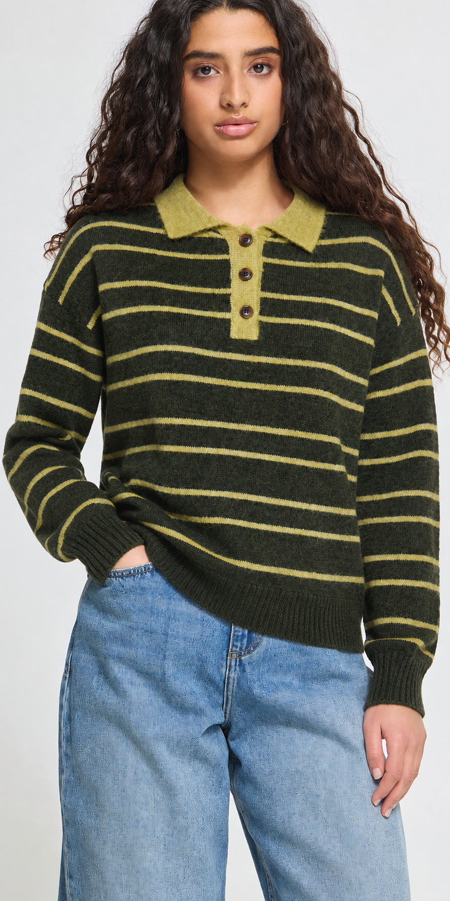 Ichi Striped Polo Sweater, green mix