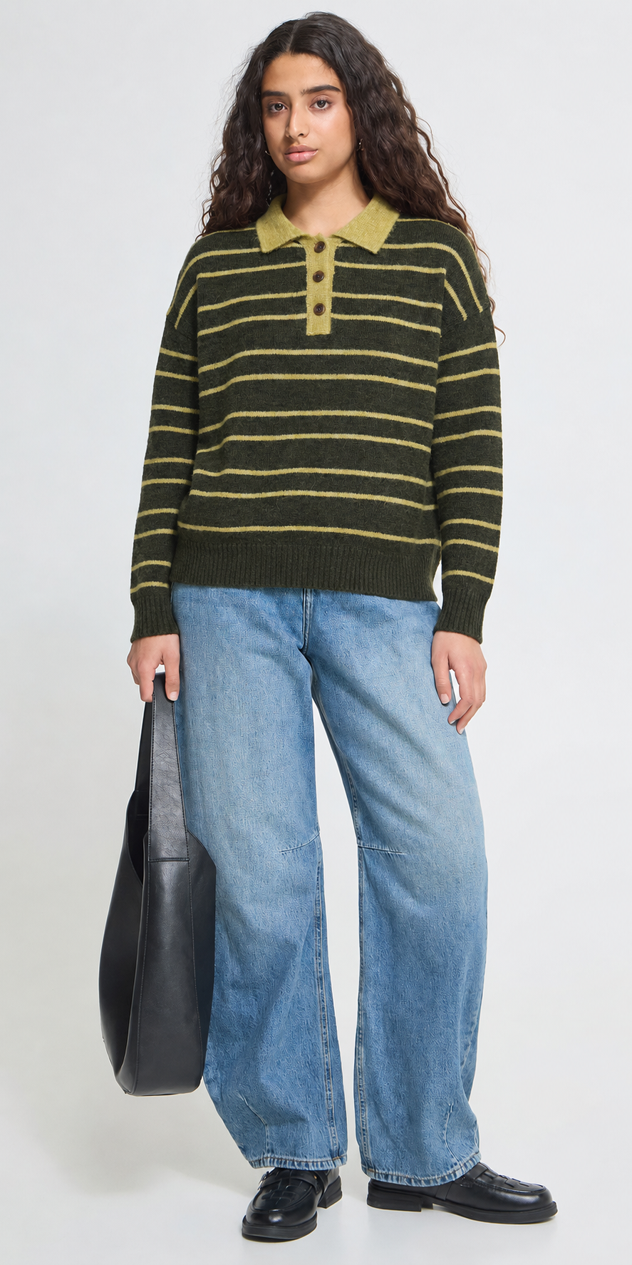 Ichi Striped Polo Sweater, green mix