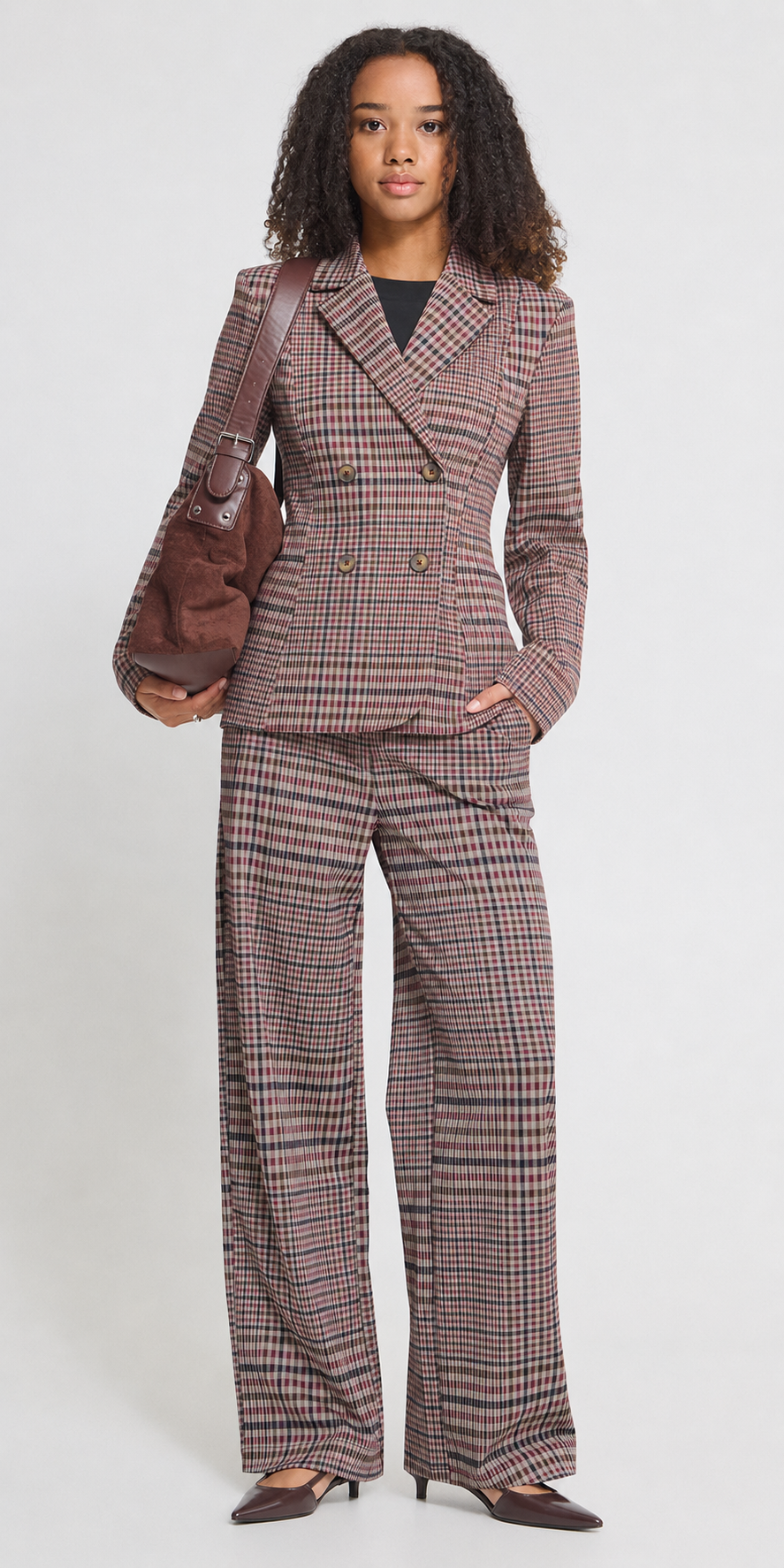 Ichi Plaid Ponte Trousers